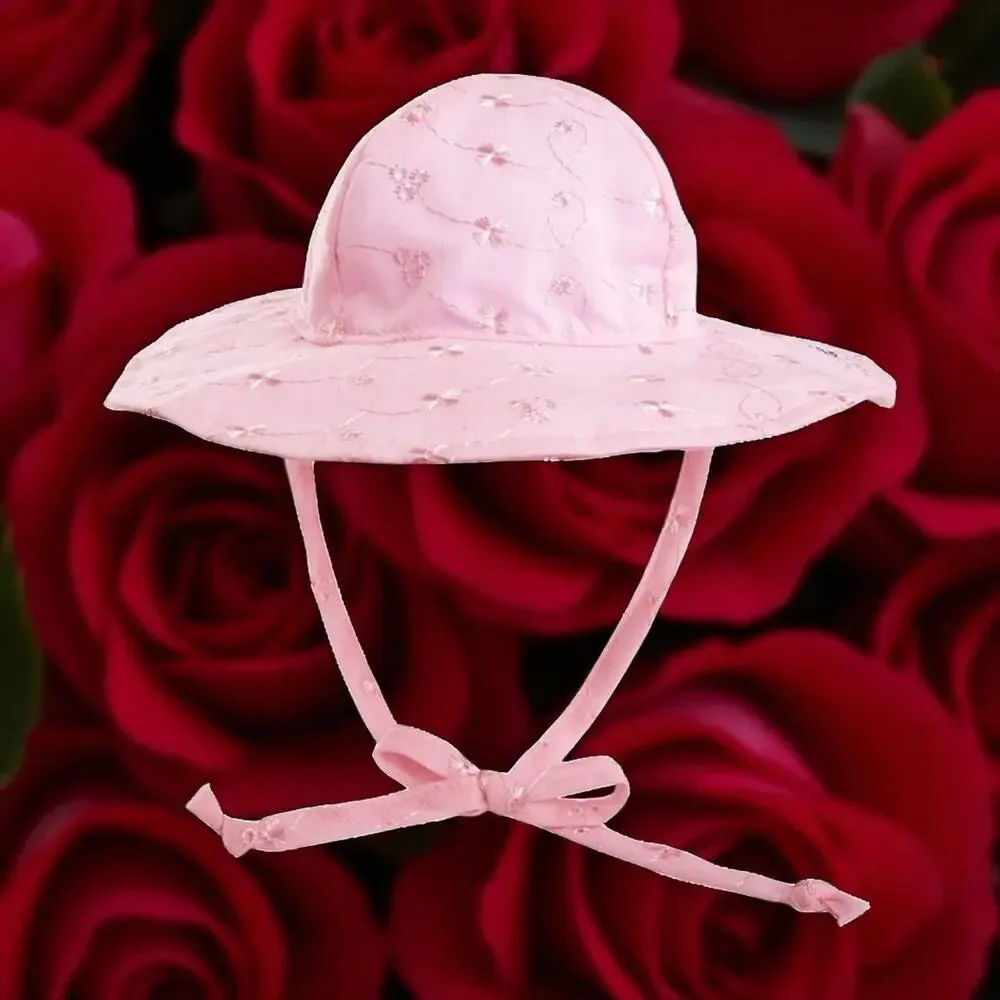 The Original Flap Happy Hat Baby Sun Cap 6-12 Months Pink Eyelet UPF 50 Ties Hat